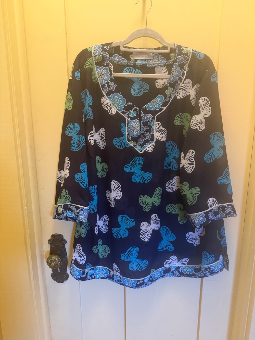 Liz Claiborne Navy Tunic with Blue, Green & White Butterfly Print
